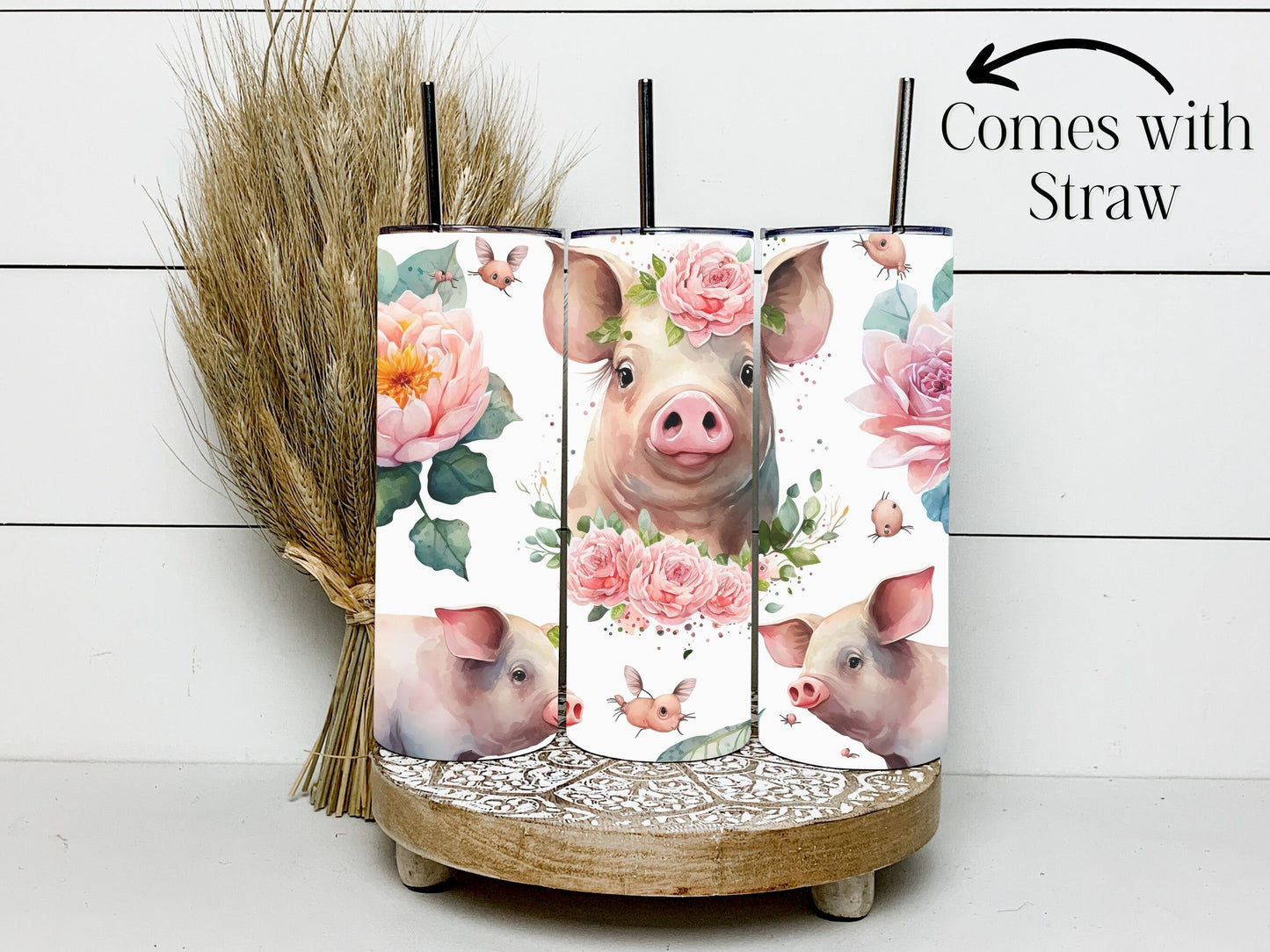 Cute Floral Pig Tumbler With Straw and Lid Cute Pig Tumbler Gift For Pig Lover Floral Farm Animal Tumbler Gift for Her