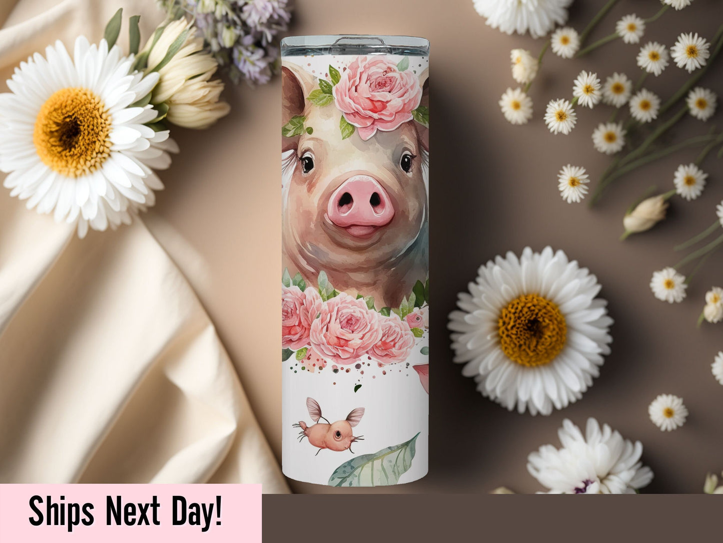 Cute Floral Pig Tumbler With Straw and Lid Cute Pig Tumbler Gift For Pig Lover Floral Farm Animal Tumbler Gift for Her