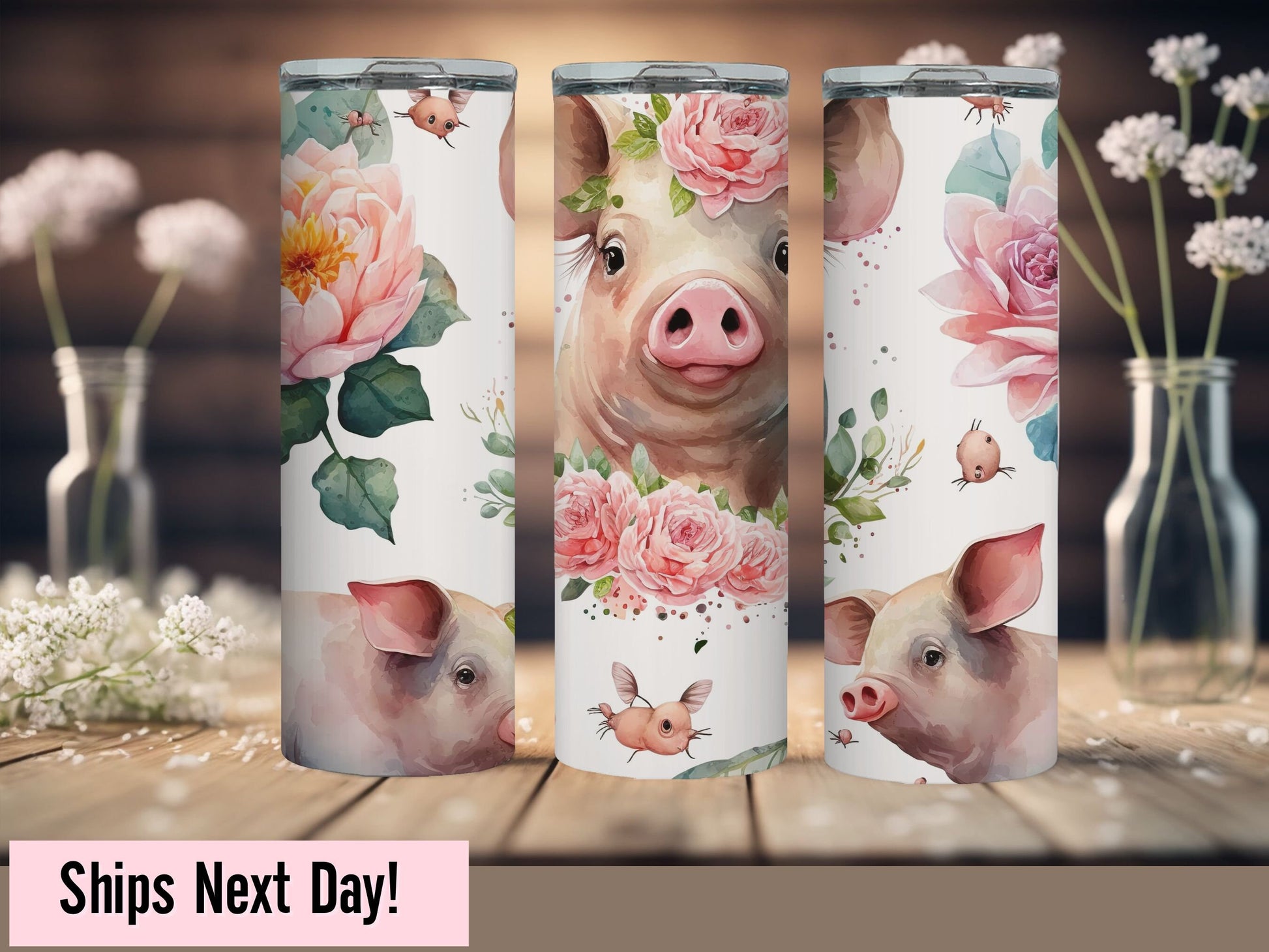 Cute Floral Pig Tumbler With Straw and Lid Cute Pig Tumbler Gift For Pig Lover Floral Farm Animal Tumbler Gift for Her