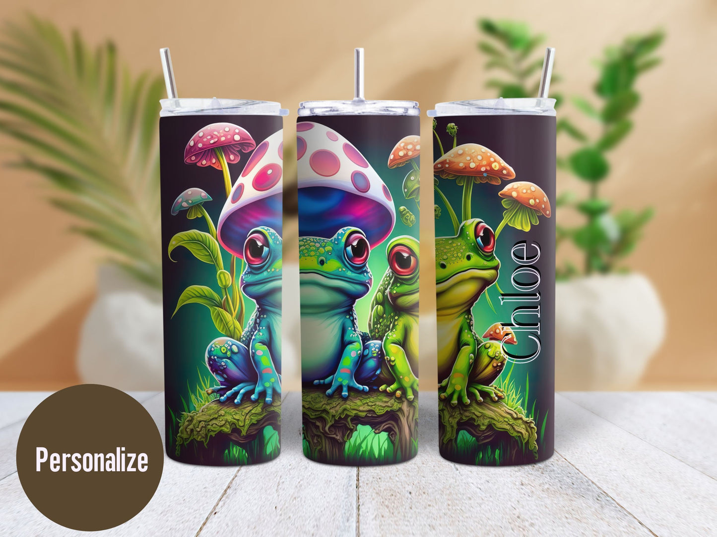 Personalized Frog Tumbler Frogs and Mushrooms Tumbler Custom Tumbler Amphibian Lover Gifts Cottagecore Tumbler Cup with Name Frog Gifts