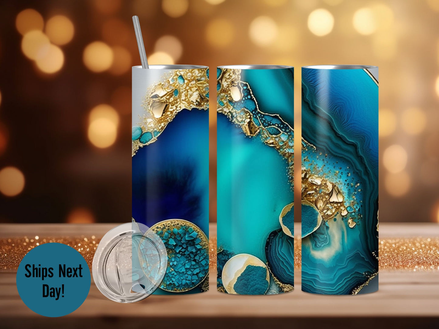 Blue & Gold Geode Glitter Tumbler Personalized Faux Glitter Tumbler Blue Agate Tumbler Gift for Crystal Lover Teal Geode Tumbler with Straw