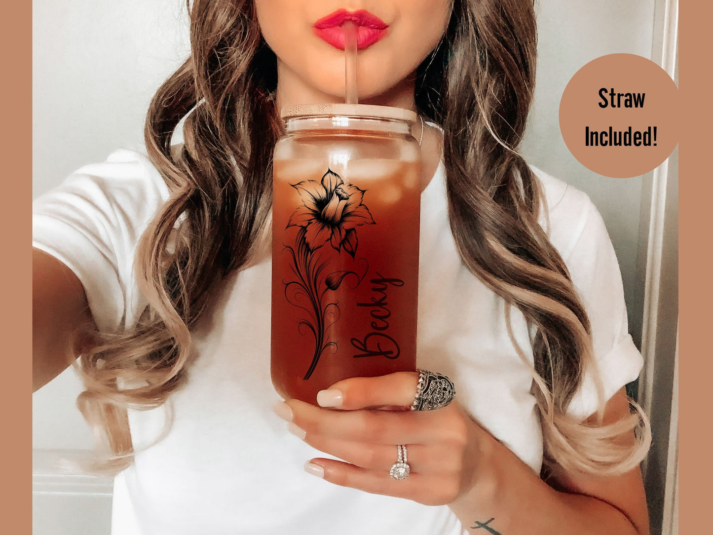 Personalized Iced Coffee Cup 16oz Glass Cup, Custom Beer Can Glass with Lid and Straw, Bridesmaid Proposal Gift Glass can coffee cup