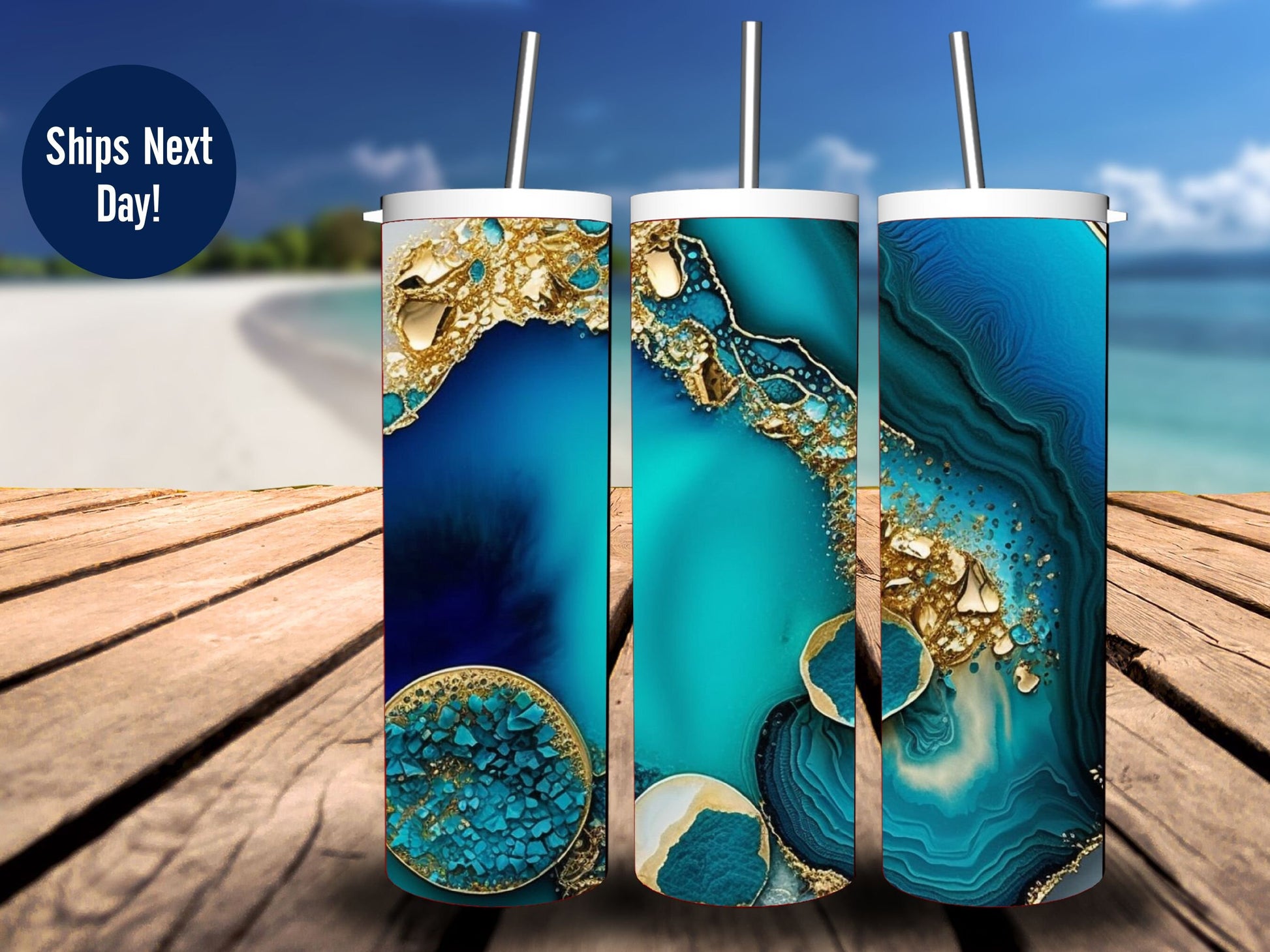 Blue & Gold Geode Glitter Tumbler Personalized Faux Glitter Tumbler Blue Agate Tumbler Gift for Crystal Lover Teal Geode Tumbler with Straw