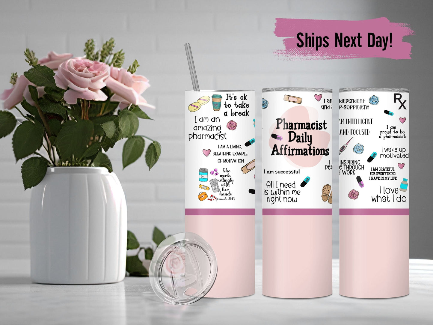 Custom Tumbler for Pharmacist Personalized Pharmacist Name Tumbler Medicine Daily Affirmations Grad Gift Pharmacy Tech Tumbler with Name