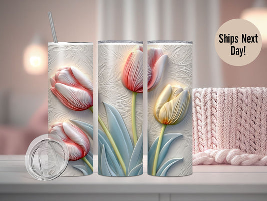 3D Floral tumbler Personalized floral Name Tumbler Gift for her, Spring Flowers, Tulips 3D, Flower Gifts Tumbler with Straw Summer Gifts