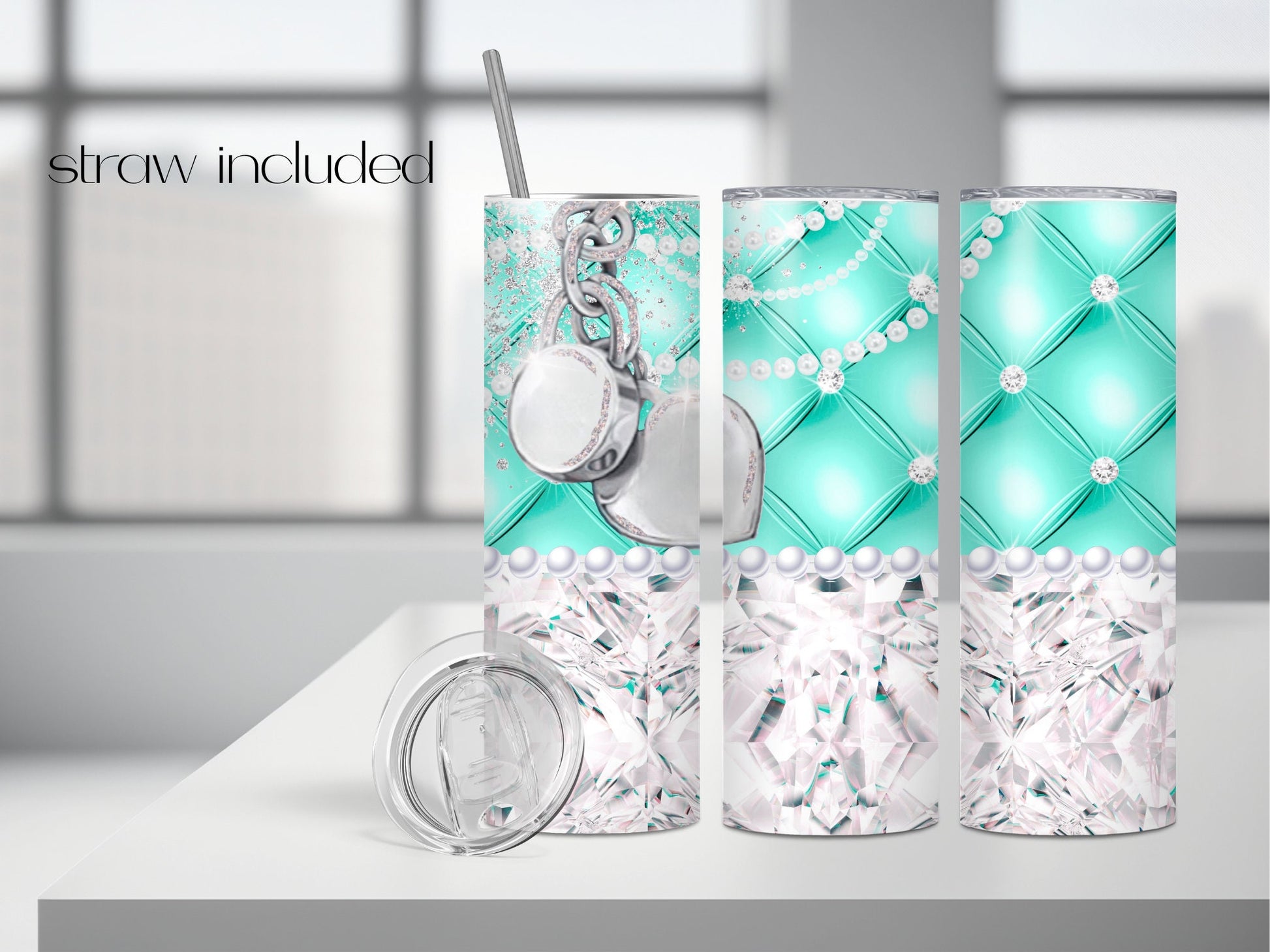 Diamond Pearls Tumbler with Straw Custom Tumbler Teal Tumbler for Her Purse Tumbler Designer Purse Tumbler Bridesmaid Tumbler | Mom Tumbler