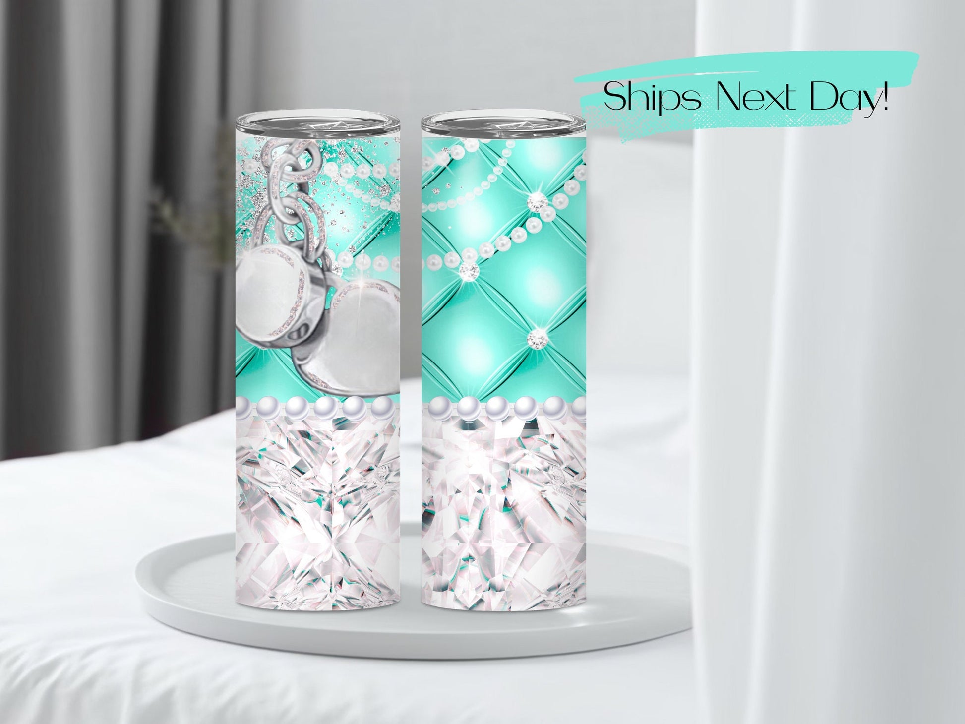 Diamond Pearls Tumbler with Straw Custom Tumbler Teal Tumbler for Her Purse Tumbler Designer Purse Tumbler Bridesmaid Tumbler | Mom Tumbler