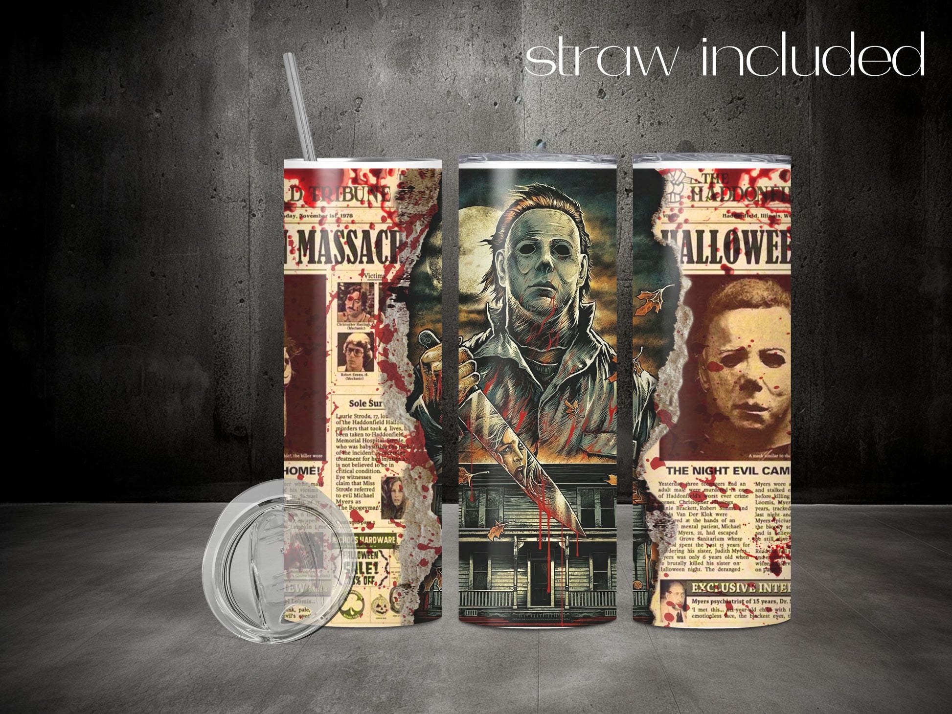 Custom Handmade Halloween Gifts Michael Myers Cup Horror Movies Tumbler 20oz Stainless with straw Michael Myers Haddonfield Halloween