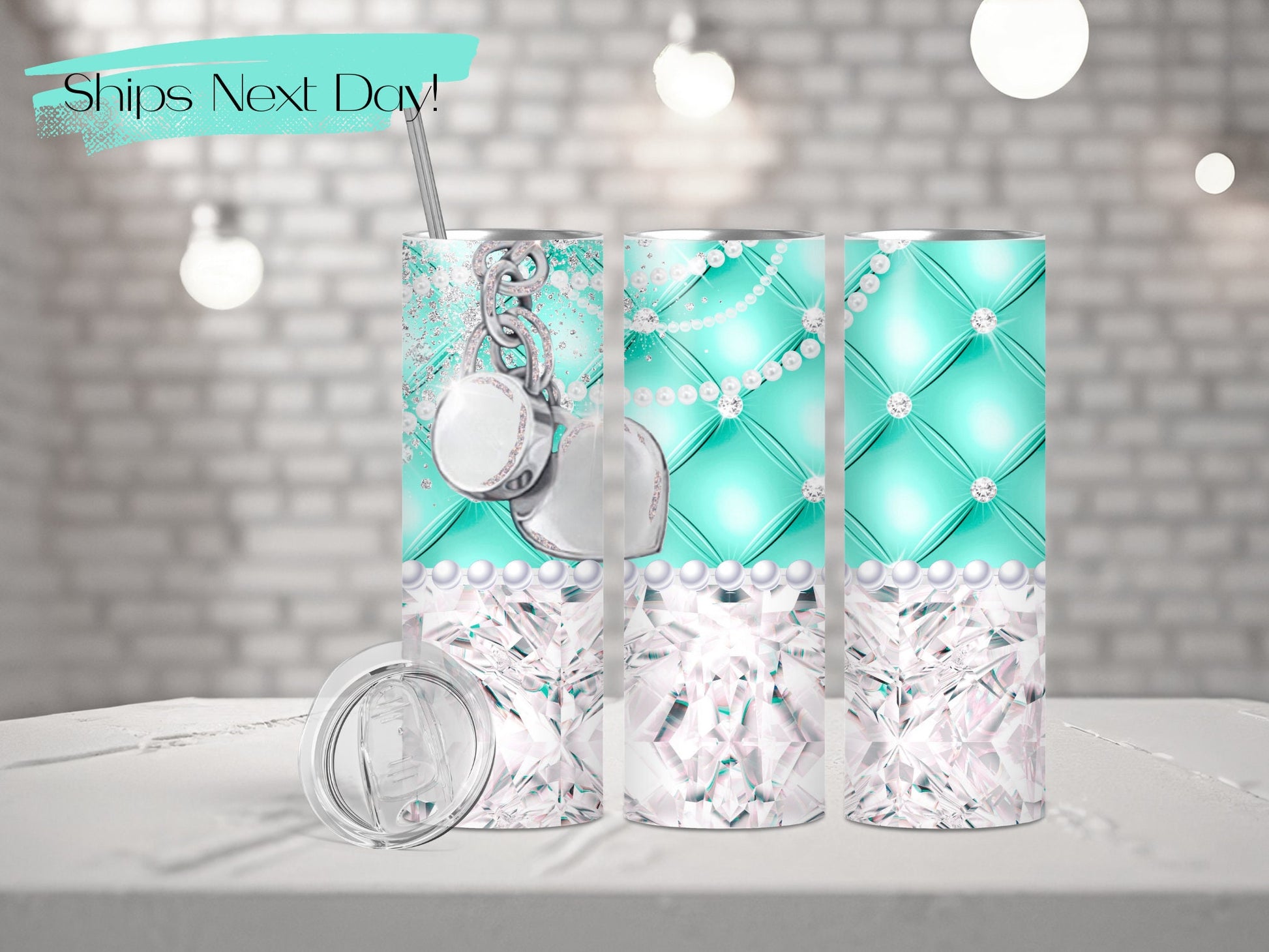 Diamond Pearls Tumbler with Straw Custom Tumbler Teal Tumbler for Her Purse Tumbler Designer Purse Tumbler Bridesmaid Tumbler | Mom Tumbler