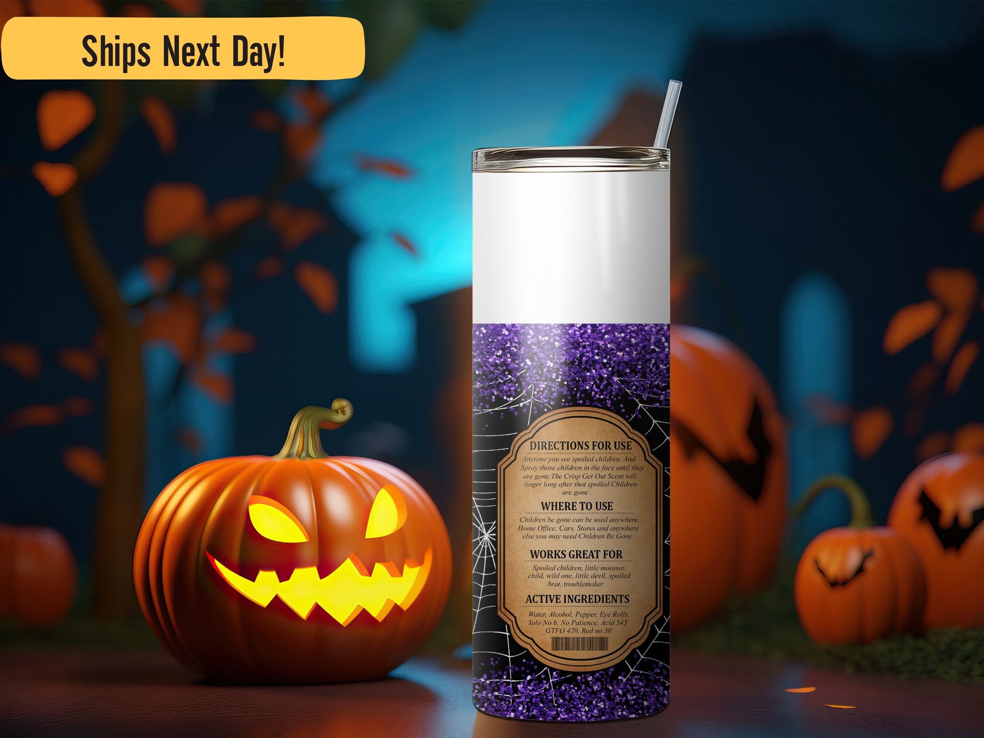 Fun Trendy Halloween Children Be Gone Bitch Spray 20oz Tumbler with Straw I smell Children Sanderson Sisters 2 colors to choose Faux Glitter