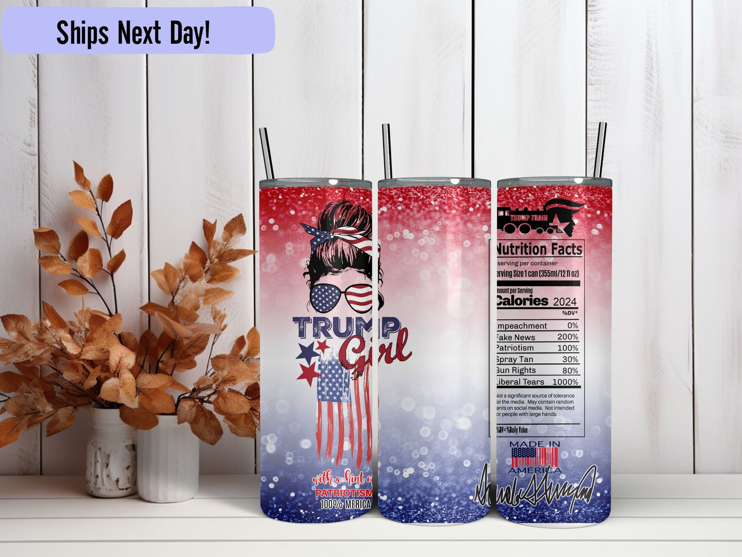 Fun Trump Custom Tumbler Personalized Gifts Maga American Messy Bun Trump Girl Trump Train 20oz Tumbler with Straw ADD Name Nutrition Facts