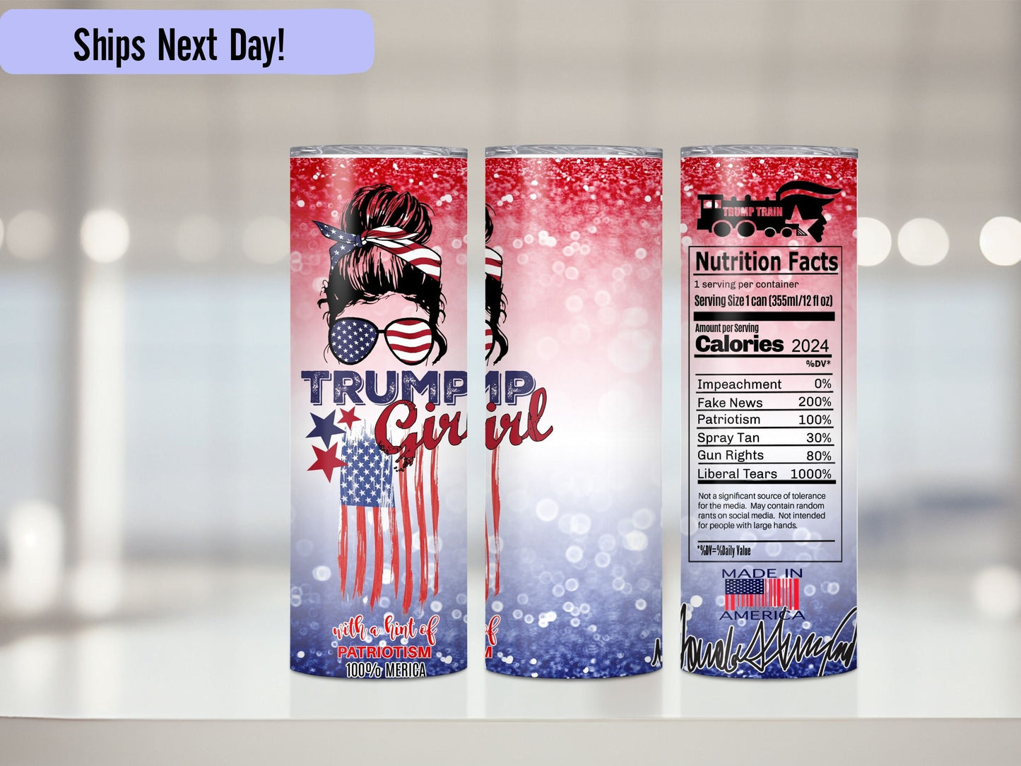 Fun Trump Custom Tumbler Personalized Gifts Maga American Messy Bun Trump Girl Trump Train 20oz Tumbler with Straw ADD Name Nutrition Facts