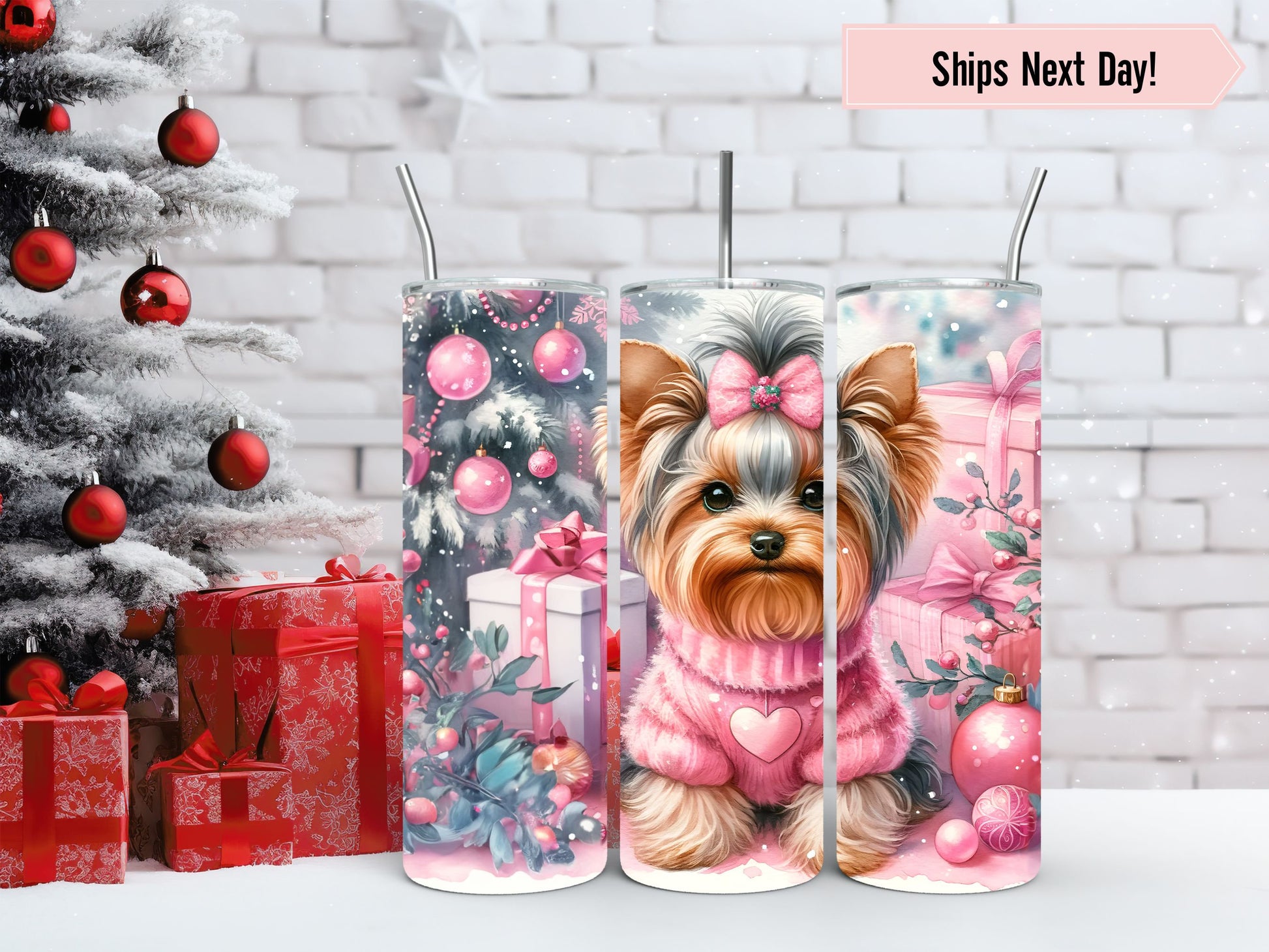 Yorkie Tumbler Personalized, Yorkie Gifts, Yorkie Tumbler With Straw, Yorkie Cups, Yorkie Tumbler With Name, Pink Christmas Tumbler, Dog Mom