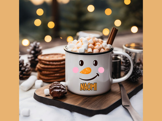 Custom Snowman Mug - Personalized Hot Chocolate Mug for Kids - Cute Holiday Mug - Custom Camper Mug for Friend - White Cocoa Mug