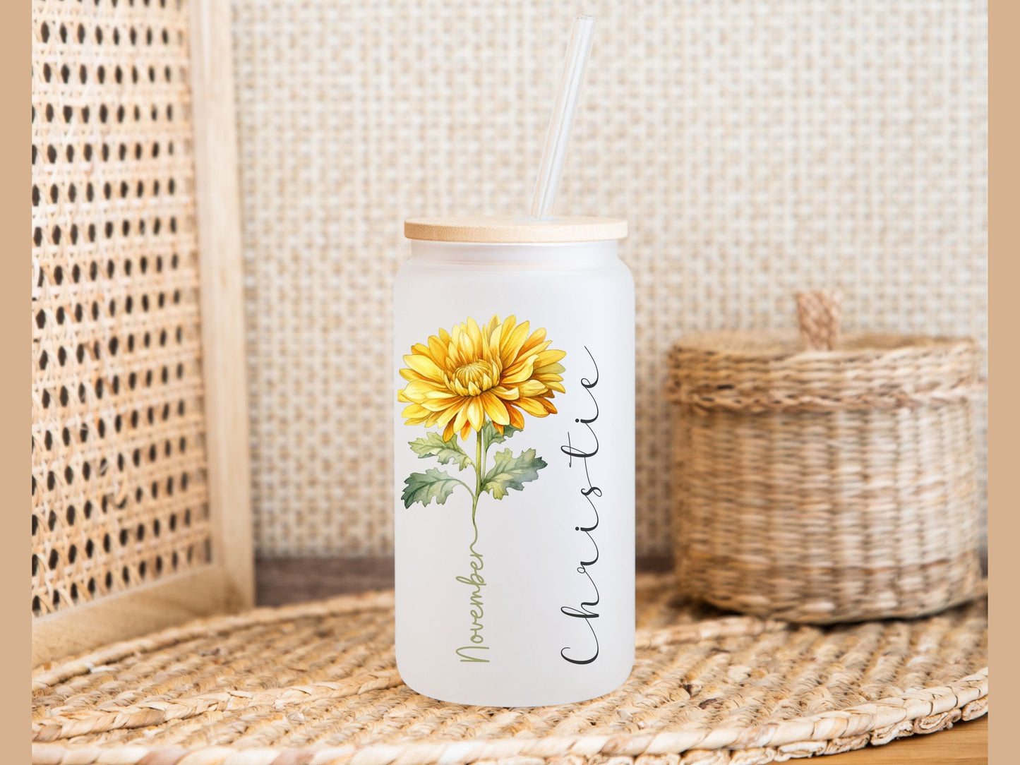 Personalized Birth Flower Tumbler Glass Cup with Name Birthday Flower Cup Gift for Friend Birthday Gift Flower Carnation Glass Can Gift