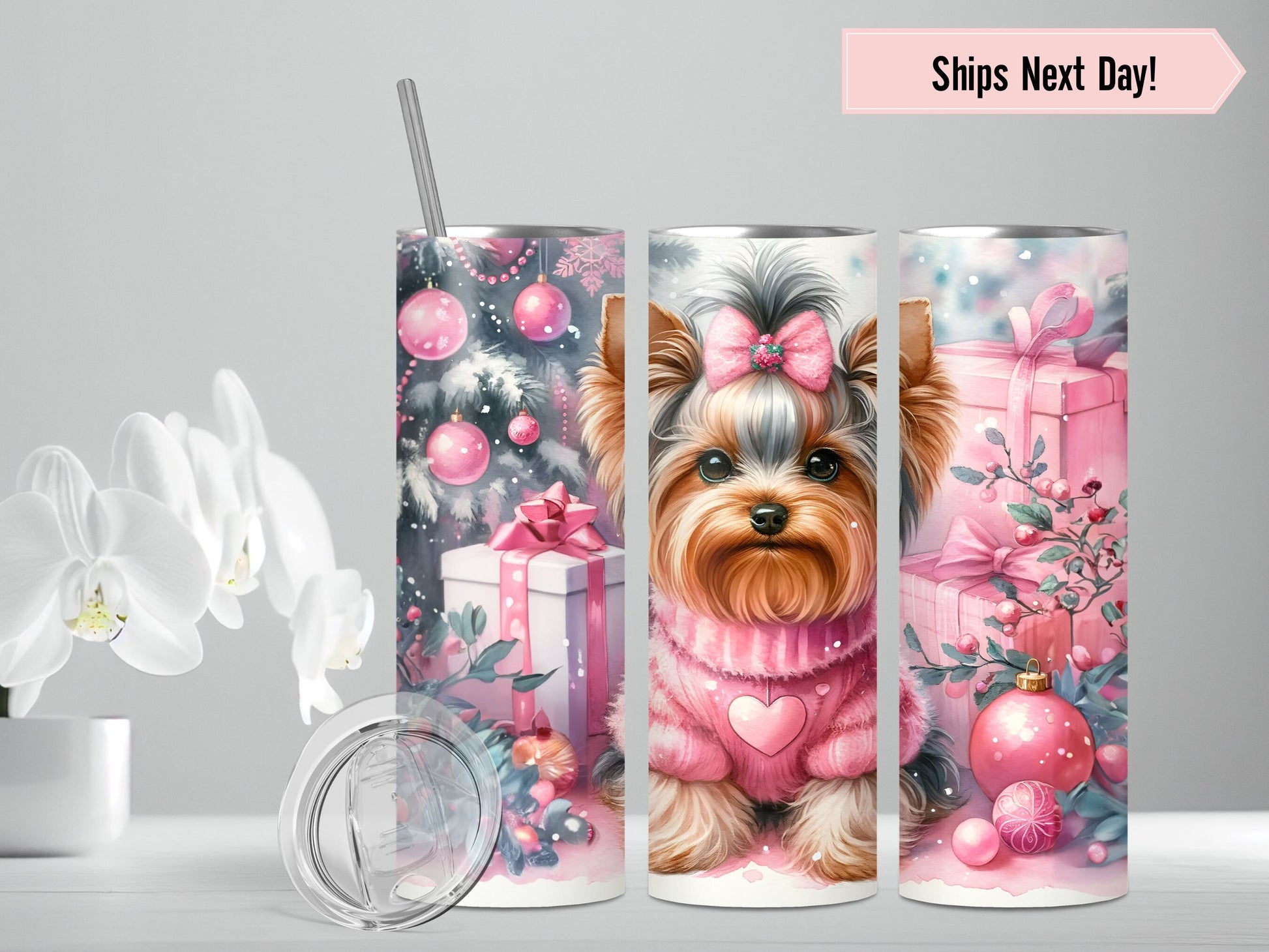 Yorkie Tumbler Personalized, Yorkie Gifts, Yorkie Tumbler With Straw, Yorkie Cups, Yorkie Tumbler With Name, Pink Christmas Tumbler, Dog Mom