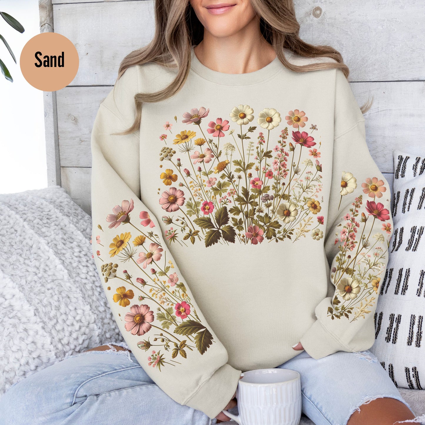 Vintage Botanical Pressed Flowers Sweatshirt Cottagecore Watercolor Floral Sweater Fall Sleeve Print Nature Pullover Flower Lover Shirt