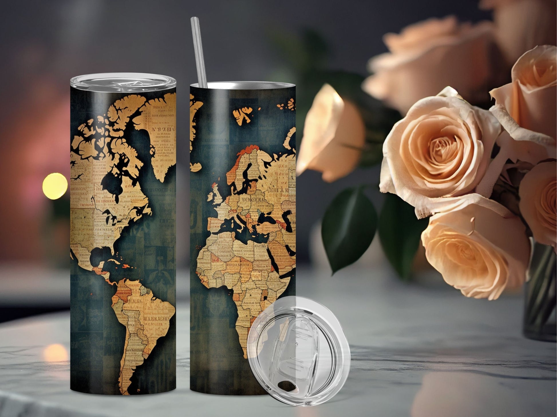 Personalized Old World Map, Gifts for History Teacher, Gifts for world Traveller, 20oz Tumbler with Straw, Journal Vintage Paper look