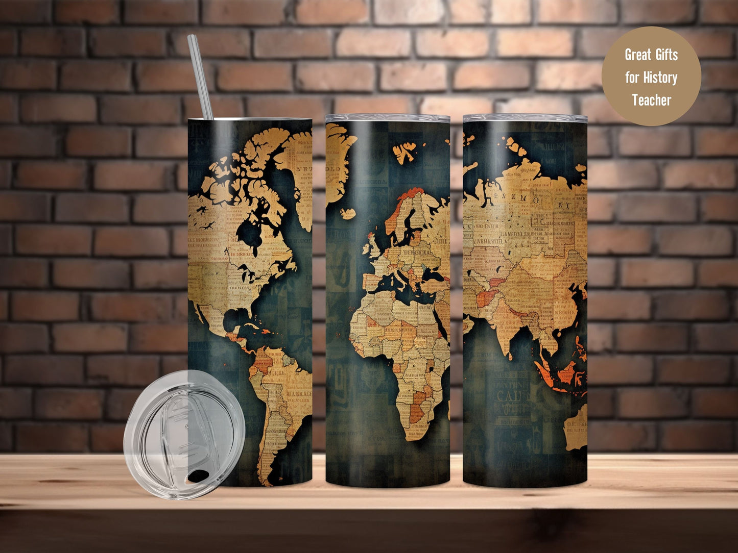 Personalized Old World Map, Gifts for History Teacher, Gifts for world Traveller, 20oz Tumbler with Straw, Journal Vintage Paper look