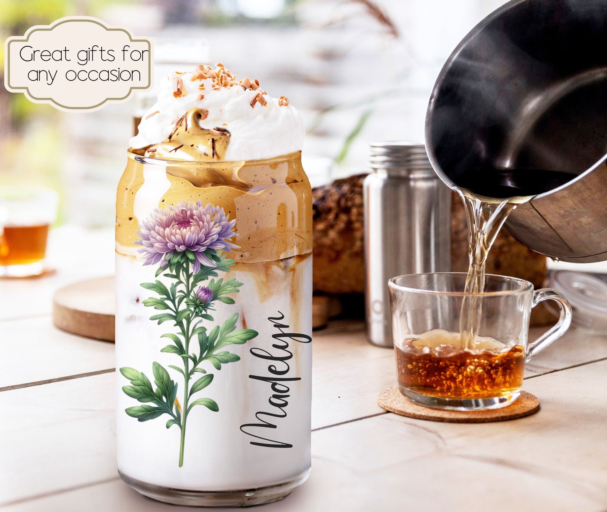 Personalized Birth Flower Tumbler With Name Birth Flower Glass Coffee Cup Mothers Day Gifts for Her Birthday Bridesmaid Proposal Party Favor