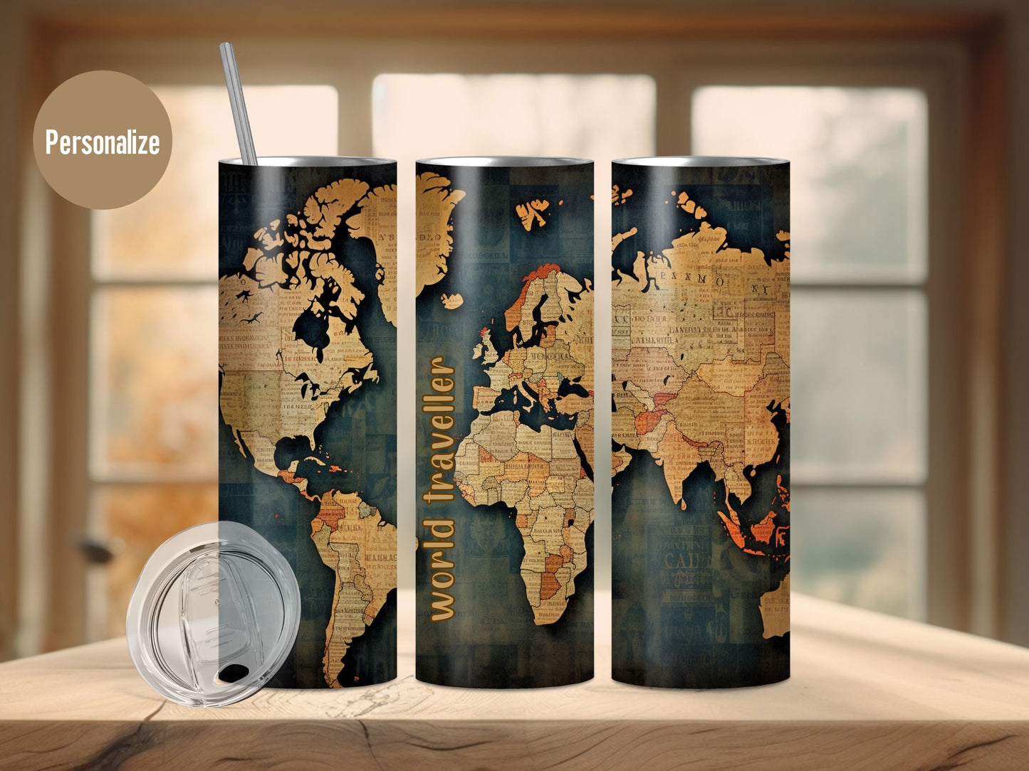 Personalized Old World Map, Gifts for History Teacher, Gifts for world Traveller, 20oz Tumbler with Straw, Journal Vintage Paper look