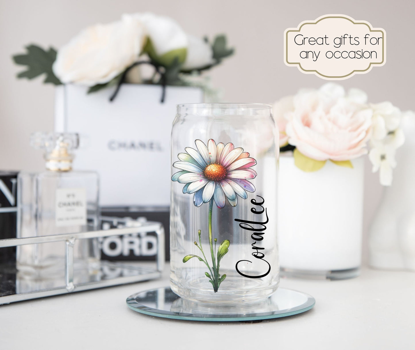 Personalized Birth Flower Tumbler With Name Birth Flower Glass Coffee Cup Mothers Day Gifts for Her Birthday Bridesmaid Proposal Party Favor