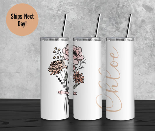 Personalized Birth Flower Skinny Tumbler W/ Name - Custom Colored Birth Flower Gift - Bridesmaid Proposal - Gift for Her - Birth Flower Gift