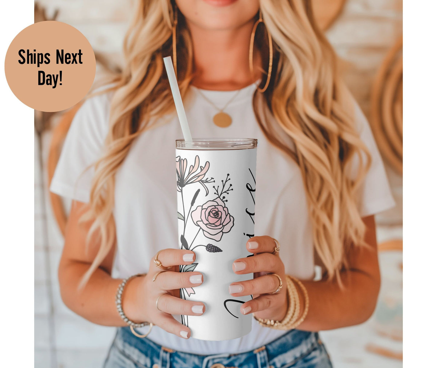 Personalized Birth Flower Skinny Tumbler W/ Name - Custom Colored Birth Flower Gift - Bridesmaid Proposal - Gift for Her - Birth Flower Gift