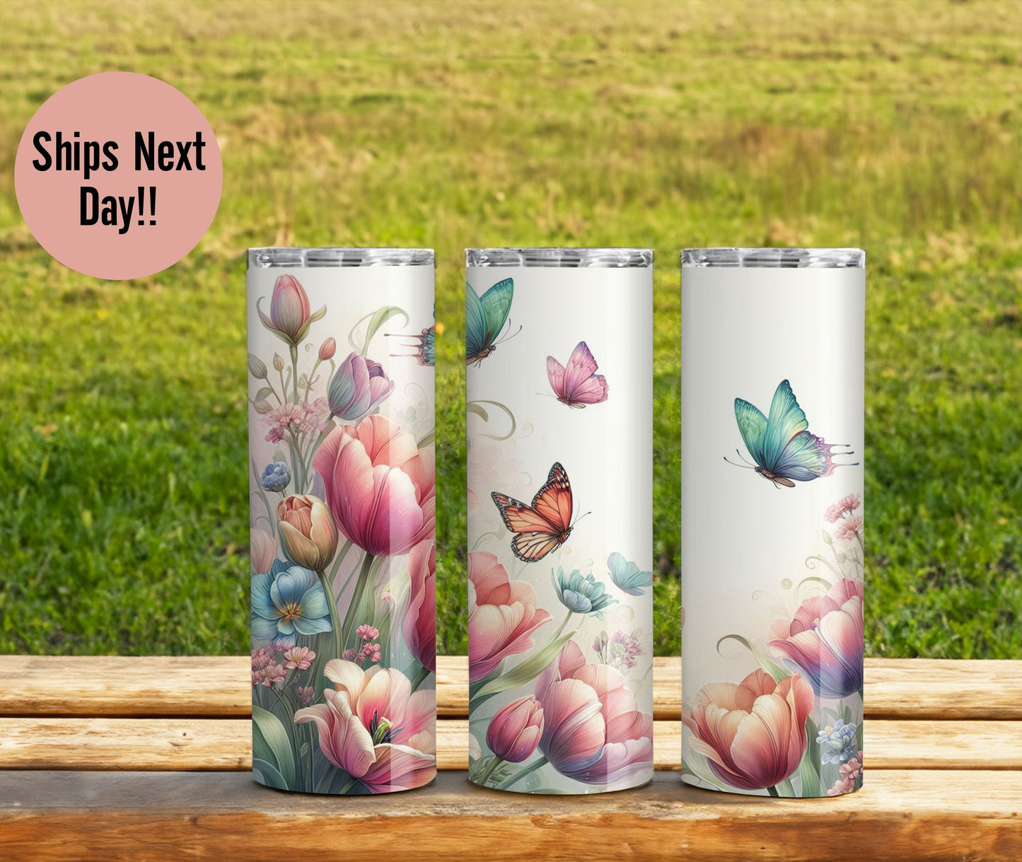 Personalized Spring Tulips Butterflies Tulips flowers 20oz tumbler Spring flowers cup, Gardeners lovers gift tulips gift cup