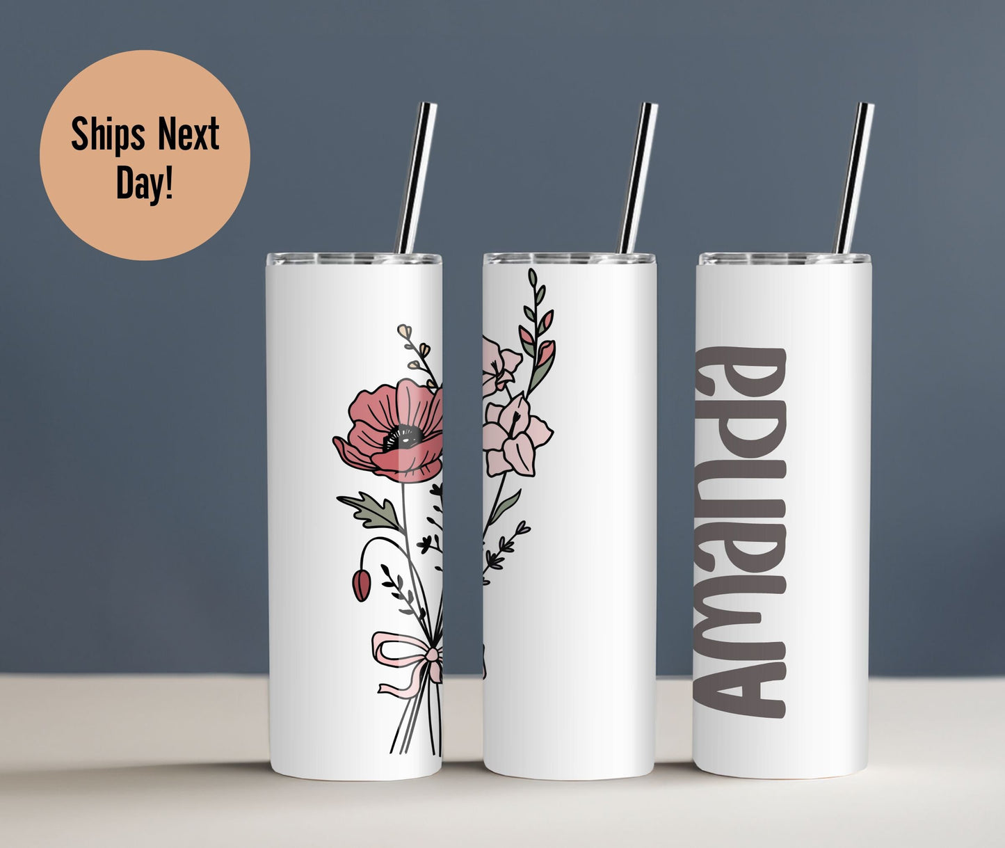 Personalized Birth Flower Skinny Tumbler W/ Name - Custom Colored Birth Flower Gift - Bridesmaid Proposal - Gift for Her - Birth Flower Gift