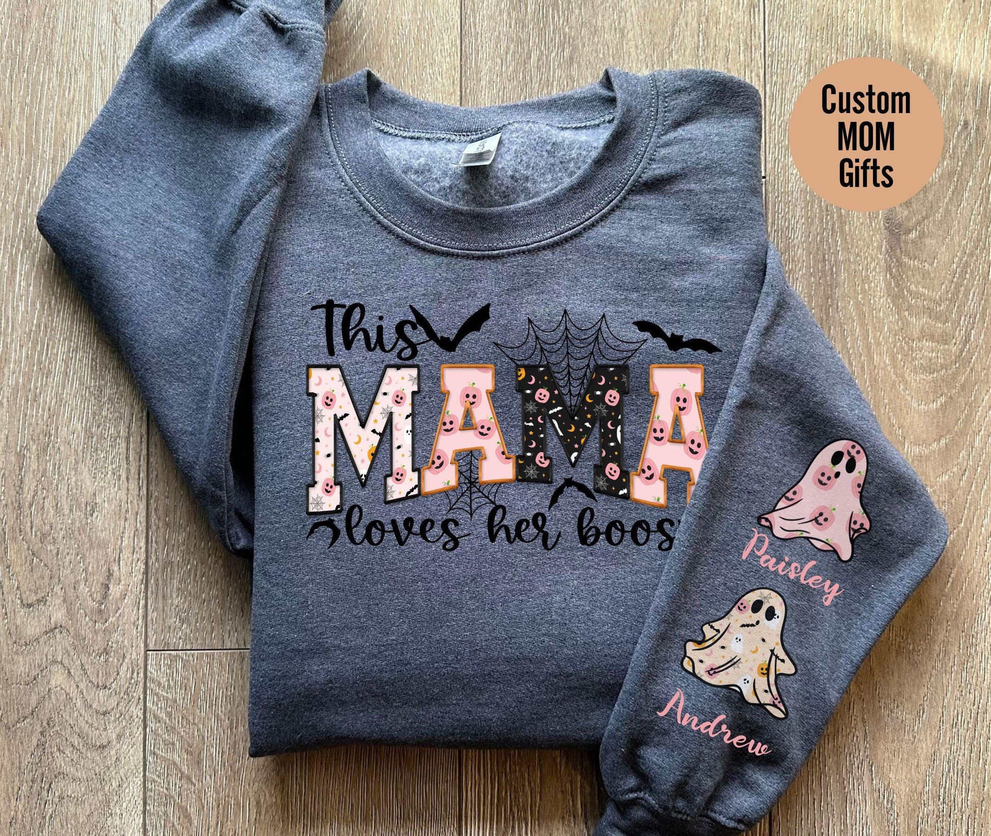 Custom Halloween Spooky Mama Sweatshirt with Kids Name on Sleeve Sweatshirt, Cool Mama Halloween Sweatshirt, Mama Halloween Gift,Custom Mama