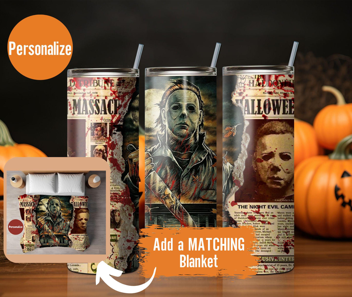 Custom Handmade Halloween Gifts Michael Myers Cup Horror Movies Tumbler 20oz Stainless with straw Michael Myers Haddonfield Halloween