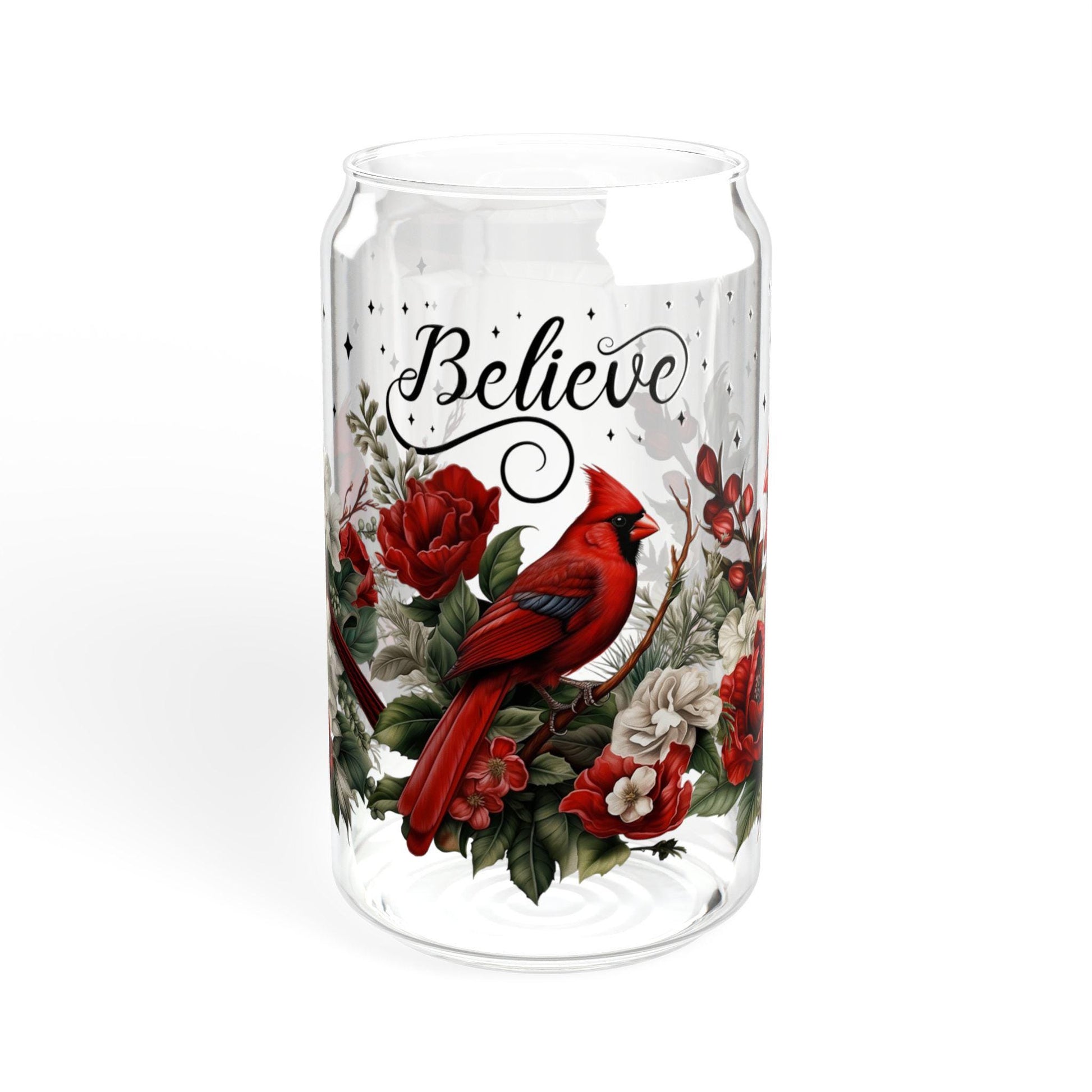 Christmas Red Cardinals Believe Personalized, Cardinals Gifts For Women, Cardinals Cup With Straw, Cardinal Floral Cup Durable Glassware