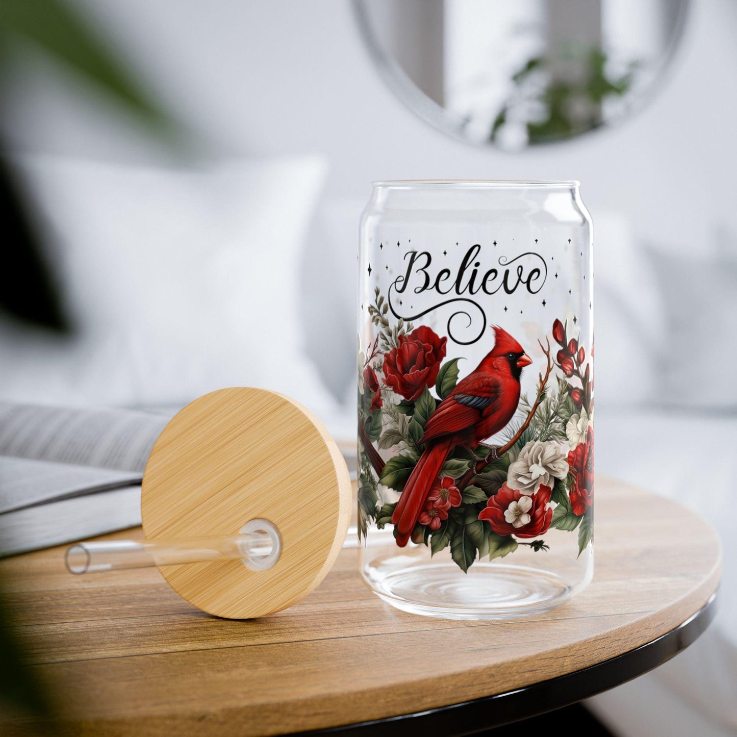 Christmas Red Cardinals Believe Personalized, Cardinals Gifts For Women, Cardinals Cup With Straw, Cardinal Floral Cup Durable Glassware