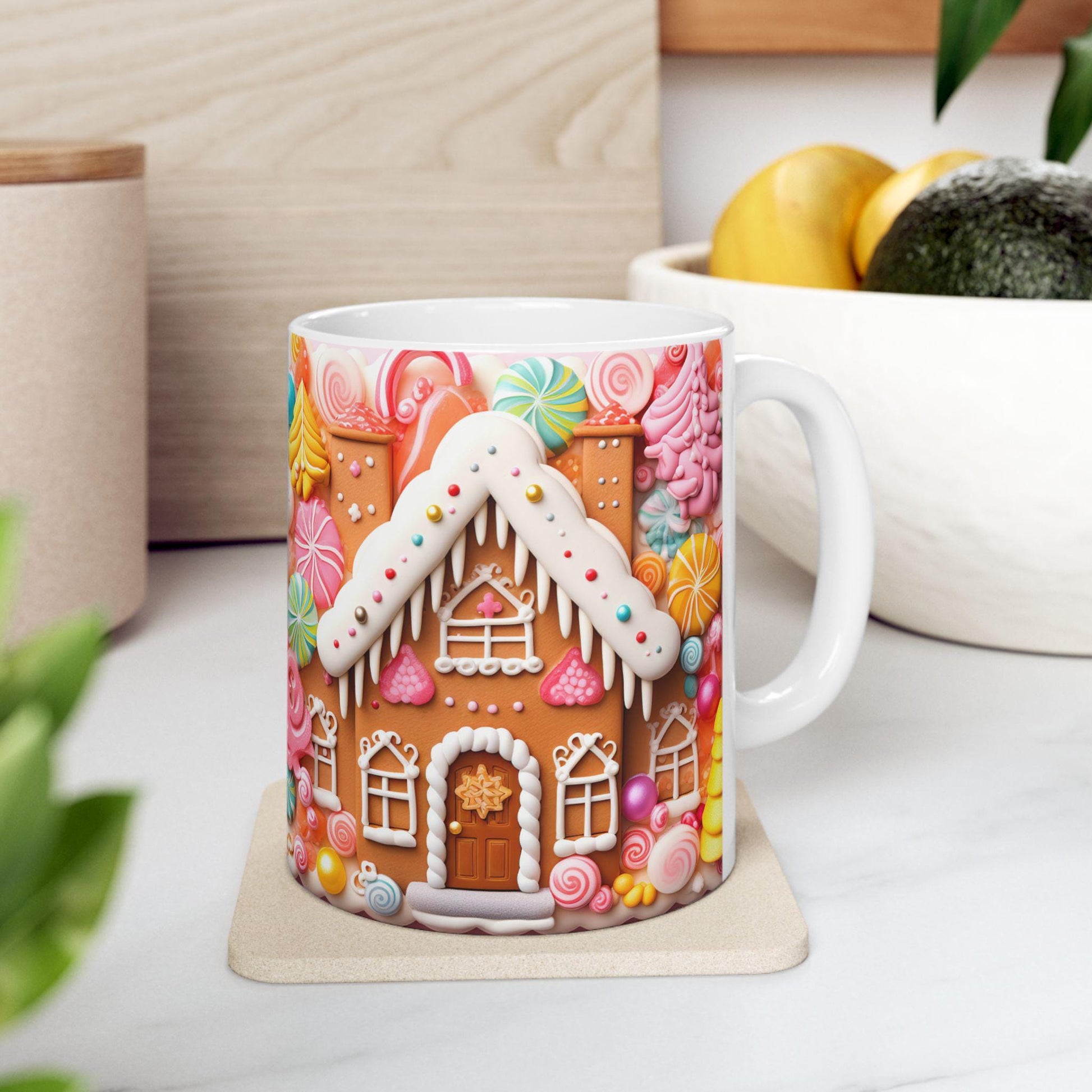 3D Sweet Gingerbread House Christmas 15oz Mug,Coffee,Pink and Red holiday mug,Hot Cocoa,Holiday Candy Cookie decor,baking bake decor gift