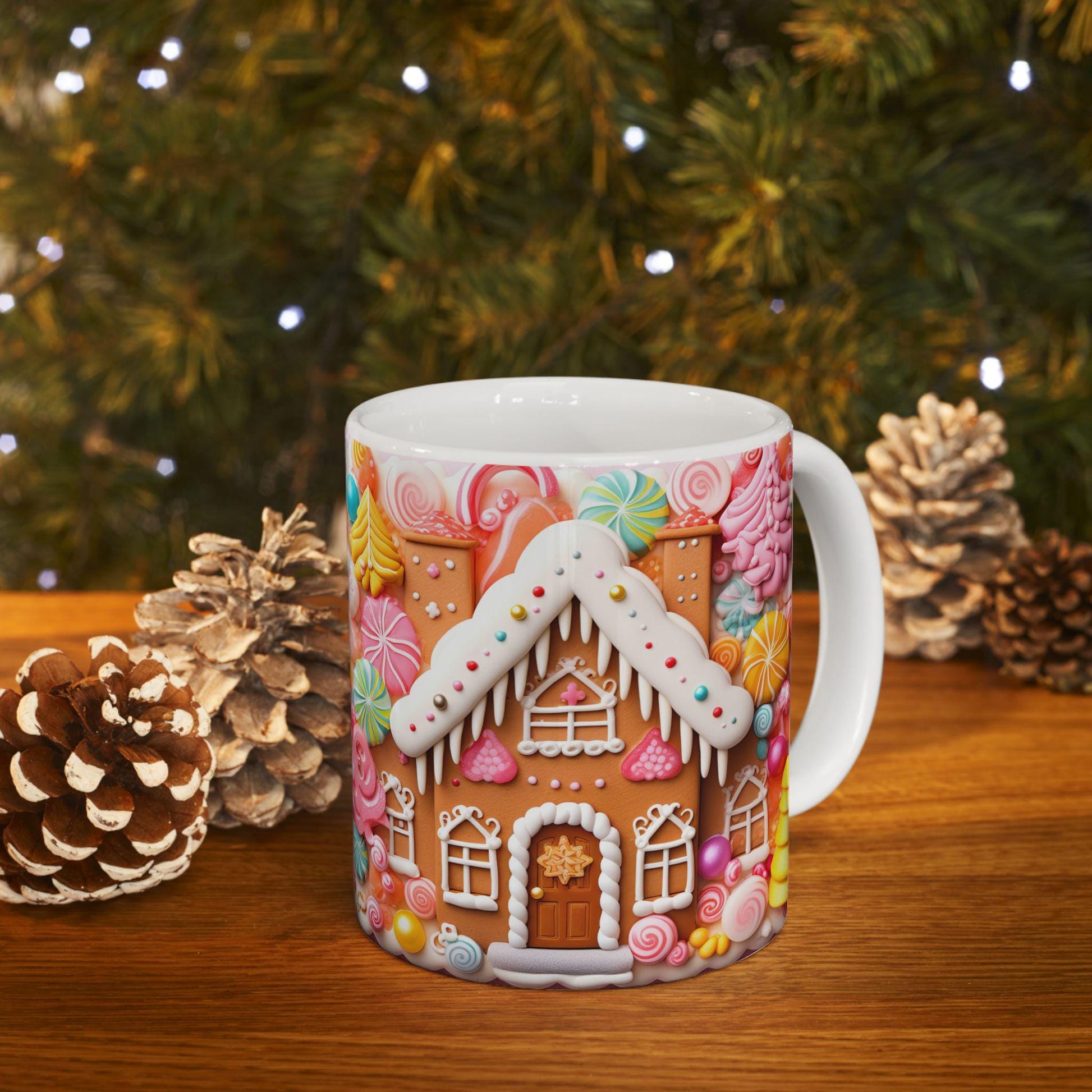 3D Sweet Gingerbread House Christmas 15oz Mug,Coffee,Pink and Red holiday mug,Hot Cocoa,Holiday Candy Cookie decor,baking bake decor gift