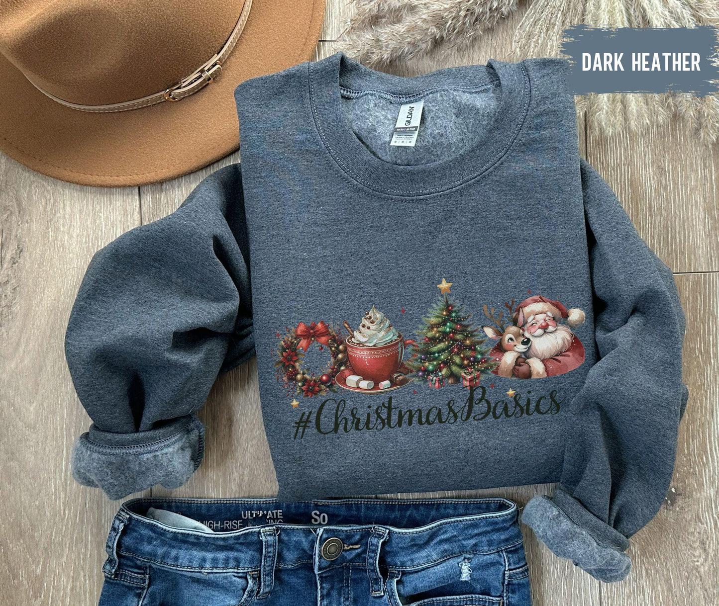 Christmas Basics T-Shirt, Festive Holiday Sweatshirt Design with Santa, Reindeer, and Hot Cocoa Perfect Christmas Gift Sweatshirts for Women