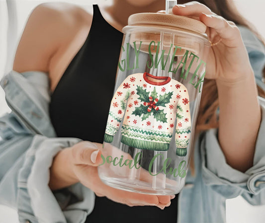 Ugly Sweater Glass Beer Can | Christmas/Holiday | Glass Can | Seasons Greetings Glass Can | Glass Coffee Cup | Glass Tumbler | Gift for Her