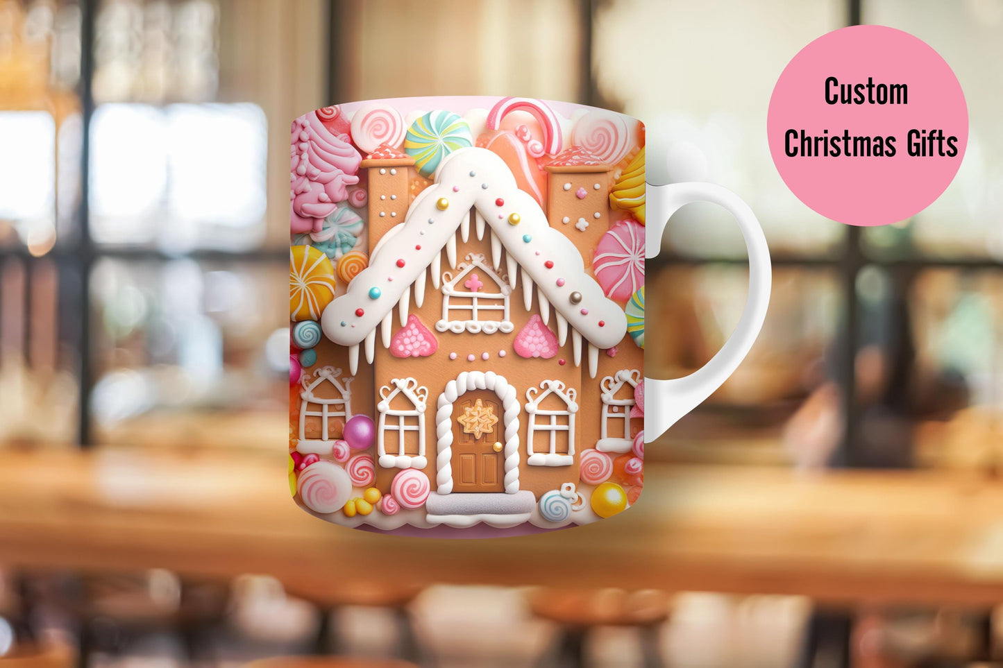 3D Sweet Gingerbread House Christmas 15oz Mug,Coffee,Pink and Red holiday mug,Hot Cocoa,Holiday Candy Cookie decor,baking bake decor gift