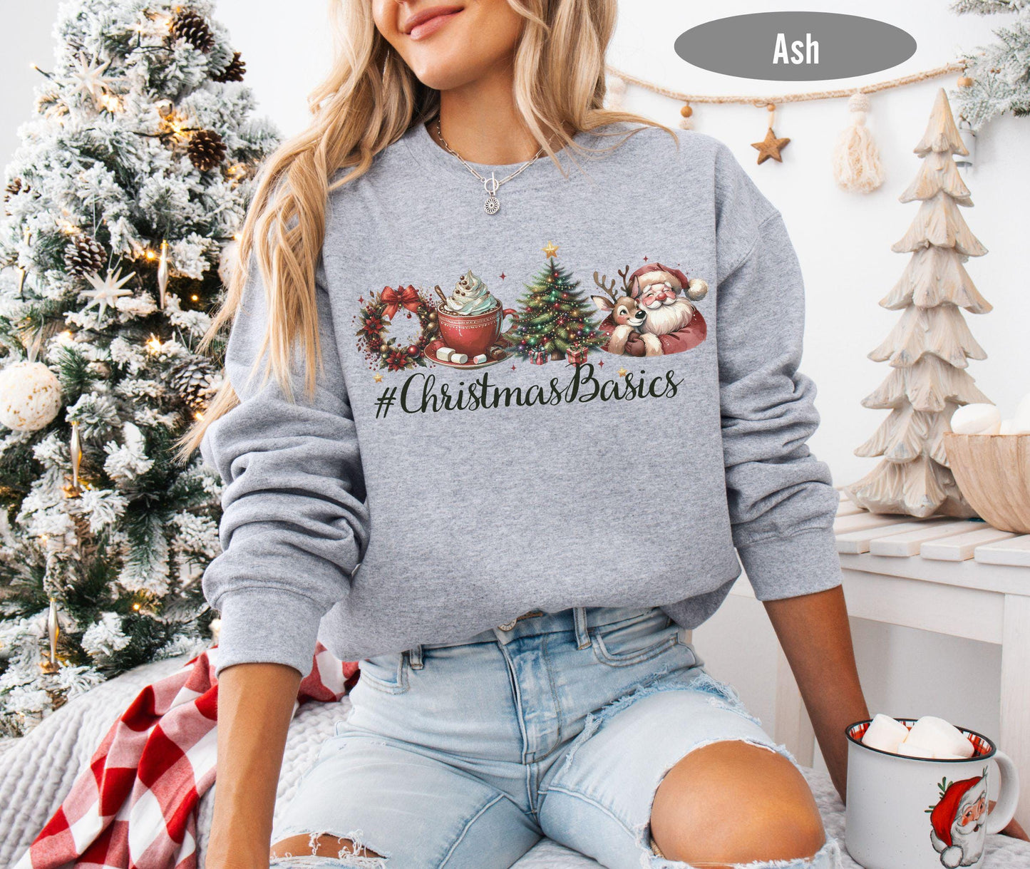 Christmas Basics T-Shirt, Festive Holiday Sweatshirt Design with Santa, Reindeer, and Hot Cocoa Perfect Christmas Gift Sweatshirts for Women