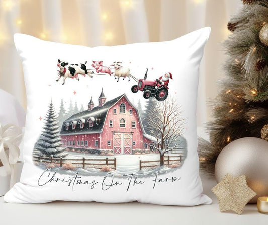 Watercolor Christmas On The Farm Pillow Cover, Christmas Pillows, Farmhouse Christmas Pillow, Rustic Christmas Pillows, Christmas Home Decor