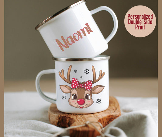 Personalized Christmas Mug With Reindeer For Toddler, Enamel Unbreakable Mug, Name On Mug, Kids Mug, Movie Mug, Childs Mug, Xmas Family Mugs