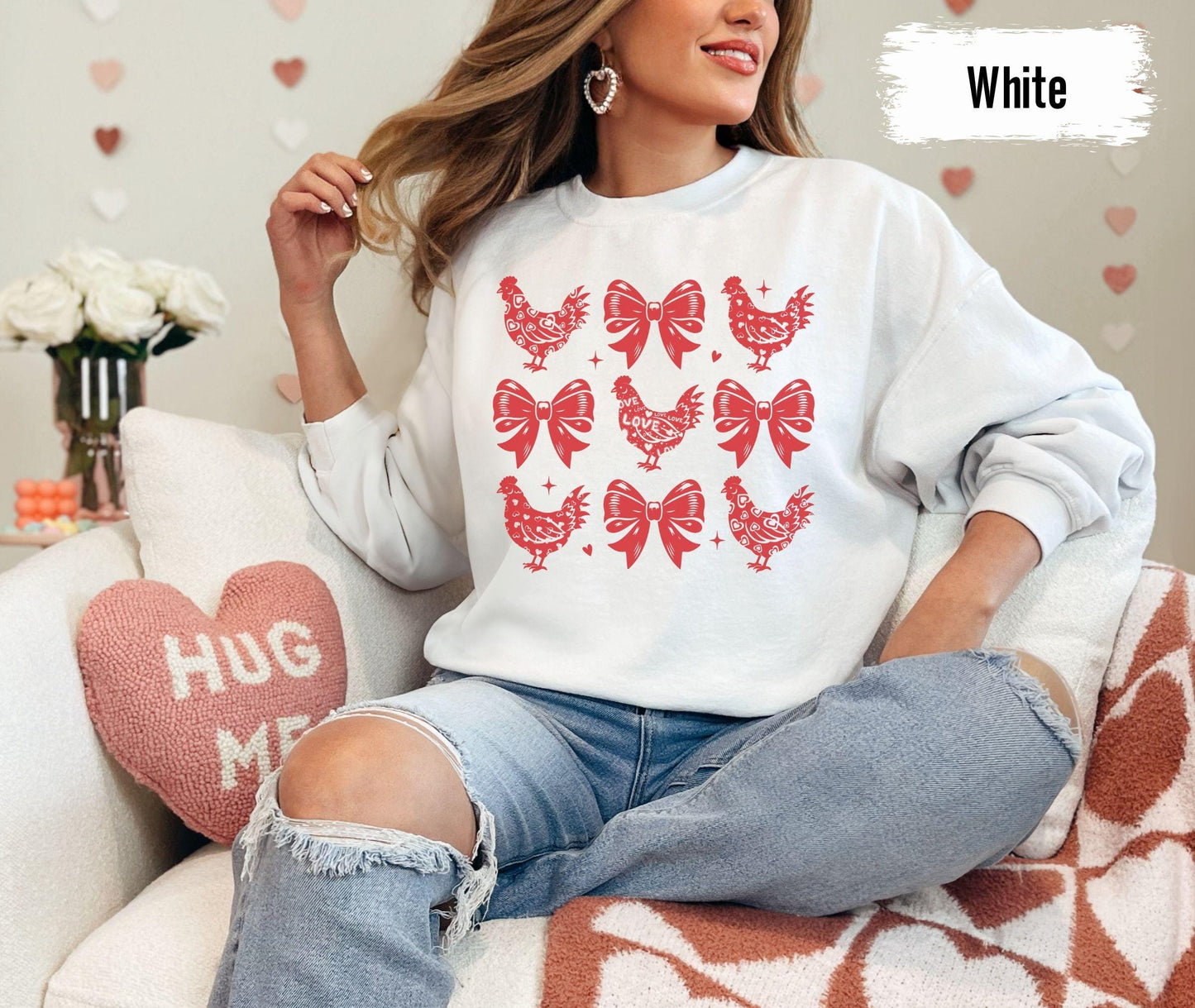 Coquette Valentines Day Farm Chickens Sweatshirt, Valentine Farm Sweater, Animal Lover Gift, Animal Valentines, Gift For Chicken Lover