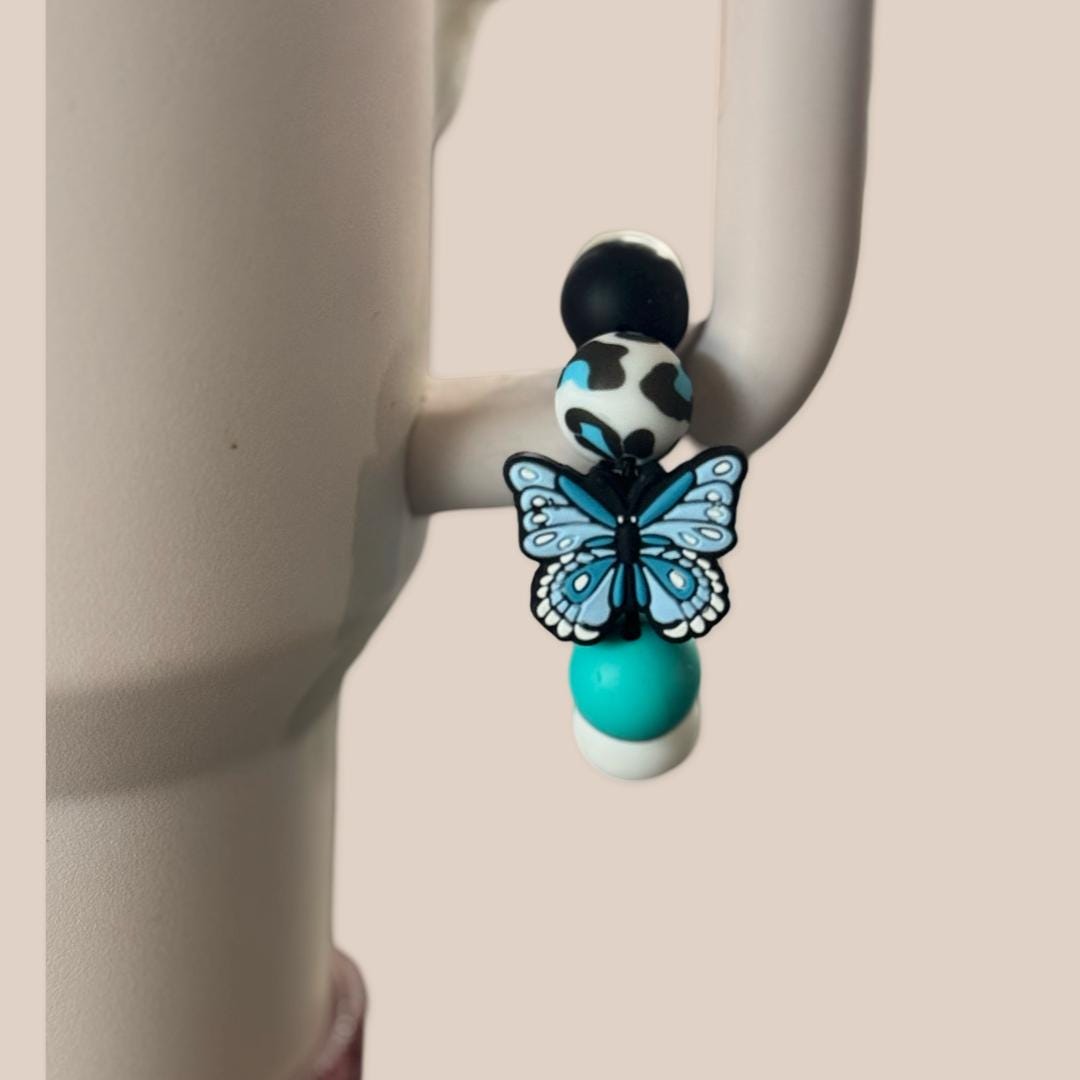 Butterfly Cup Charm - Blue & Black Silicone Bead Tumbler Accessory Silicone Cup Charm Fun Cup/Tumbler Accessories, Tumbler Handle Cup Charms