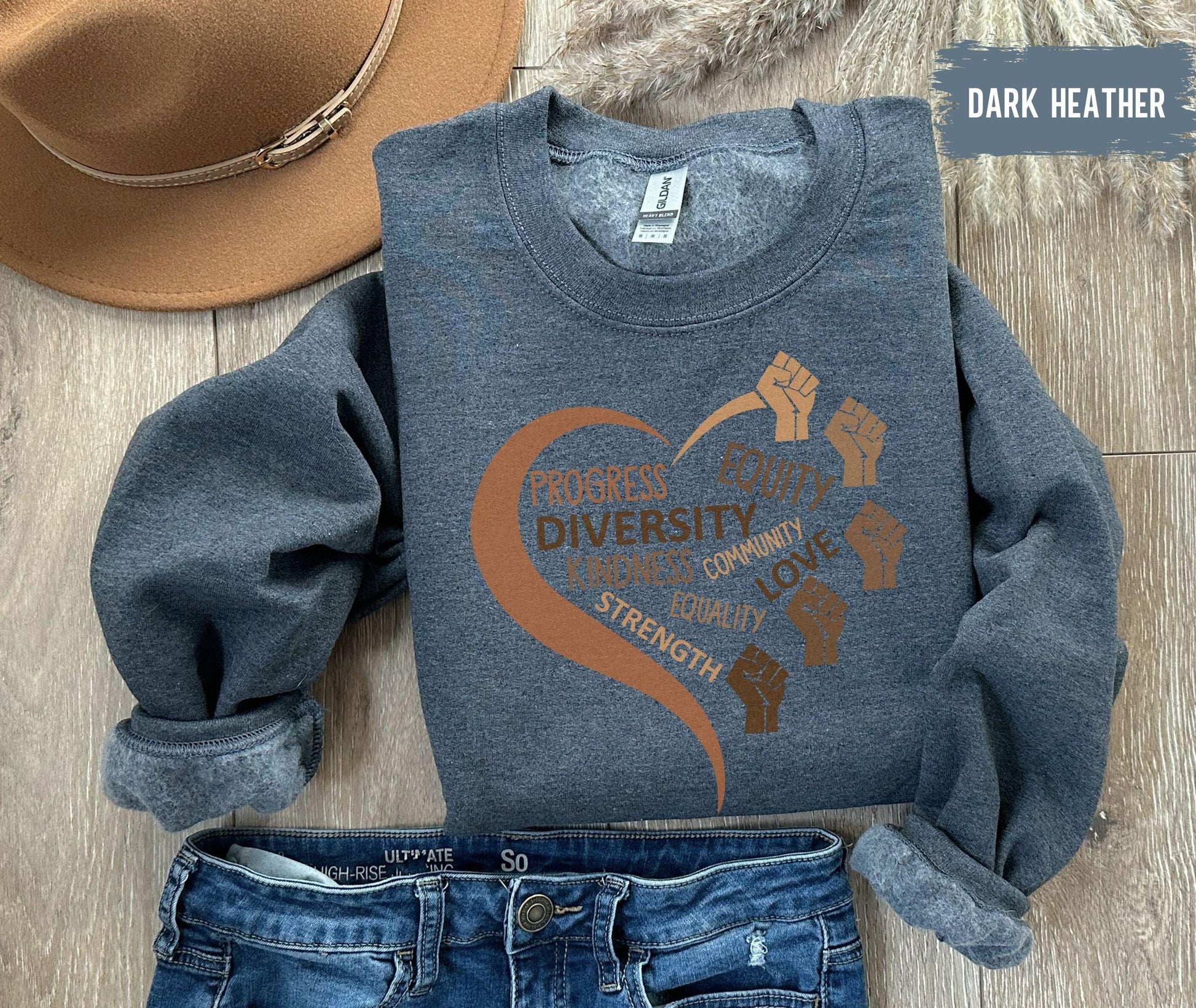 Black History Fists T-Shirt, Progress Diversity Equality Kindness Strength Community Love Equity Shirt, Melanin African Women Sweater