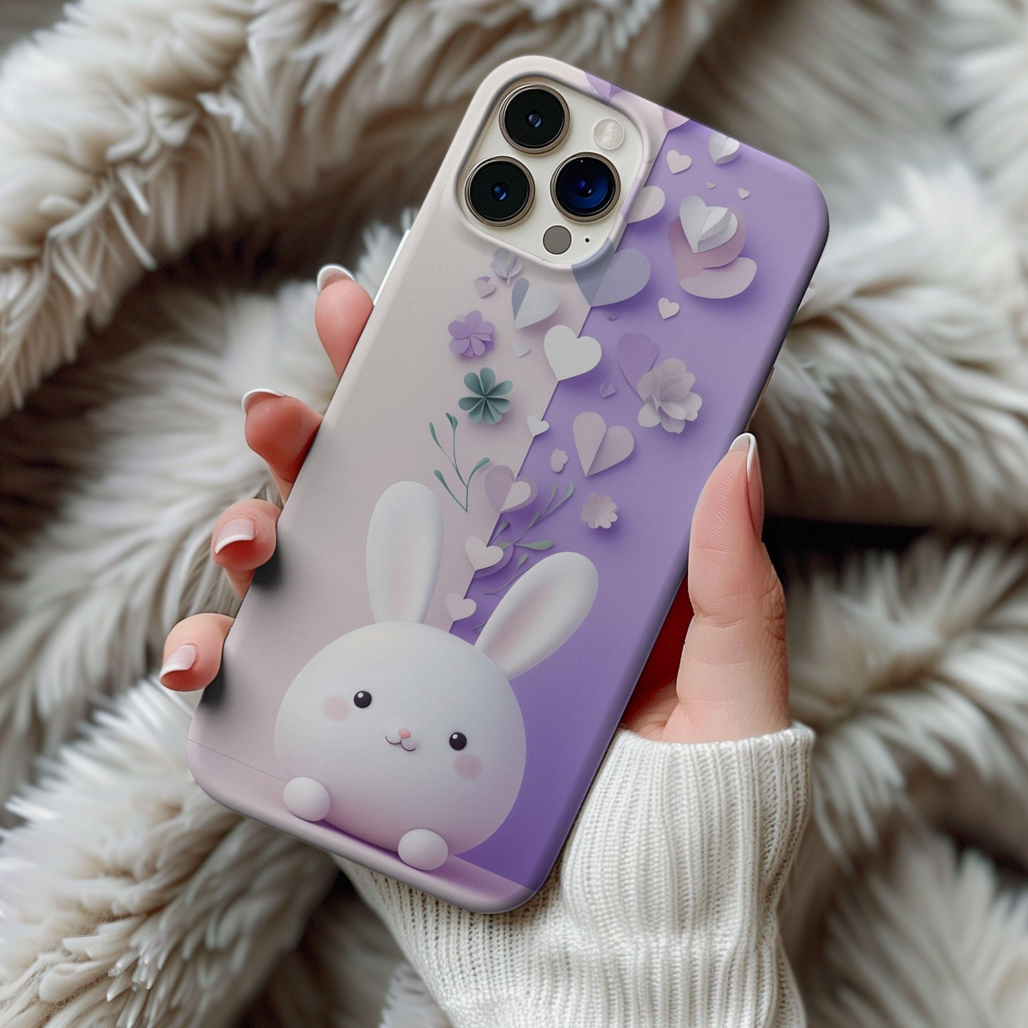 3D Kawaii Bunny Phone Case - Aesthetic Rabbit Purple Cover for iPhone 15 Pro Max 14 13 12 11 8 Plus Samsung S23 Ultra S22 S21 Pixel