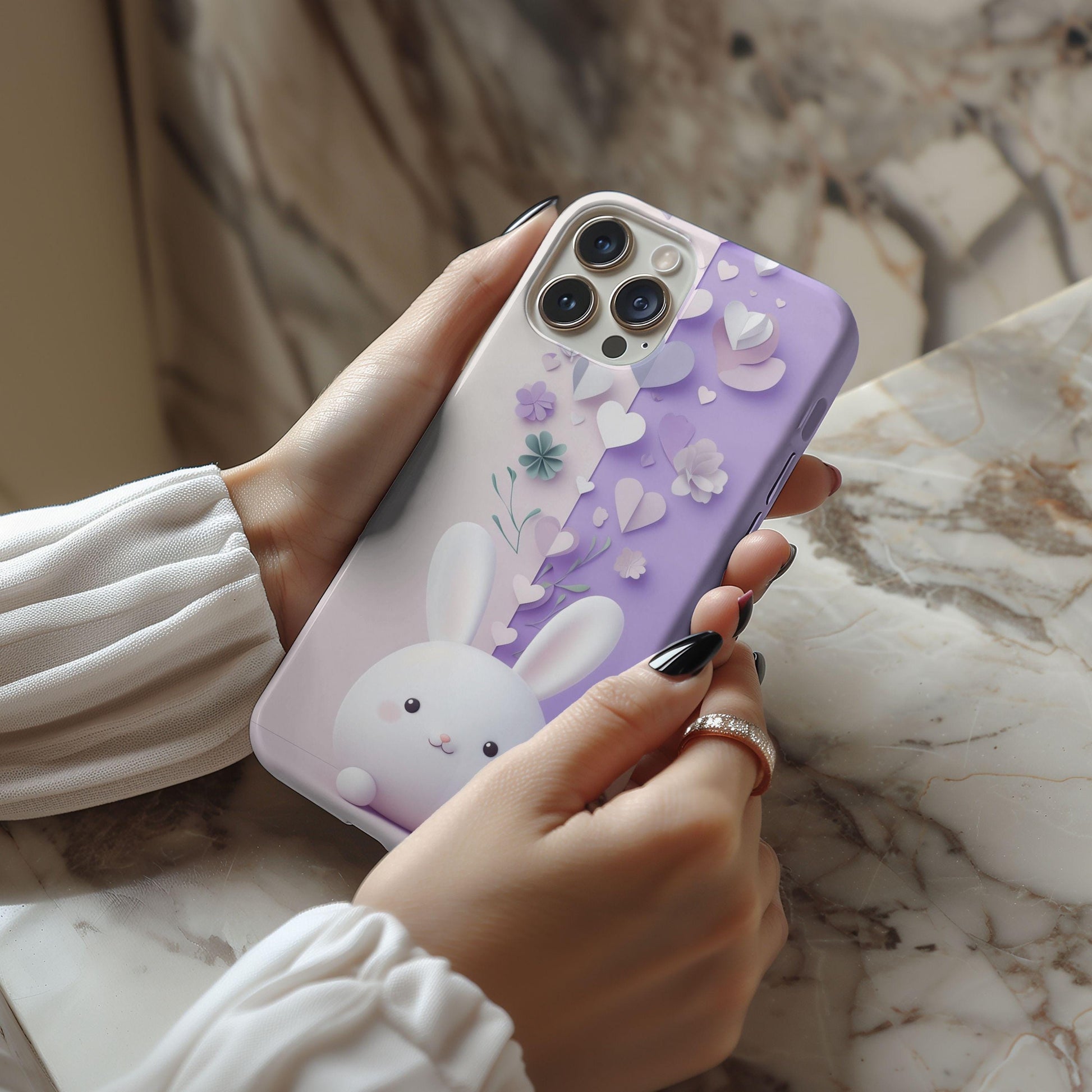 3D Kawaii Bunny Phone Case - Aesthetic Rabbit Purple Cover for iPhone 15 Pro Max 14 13 12 11 8 Plus Samsung S23 Ultra S22 S21 Pixel