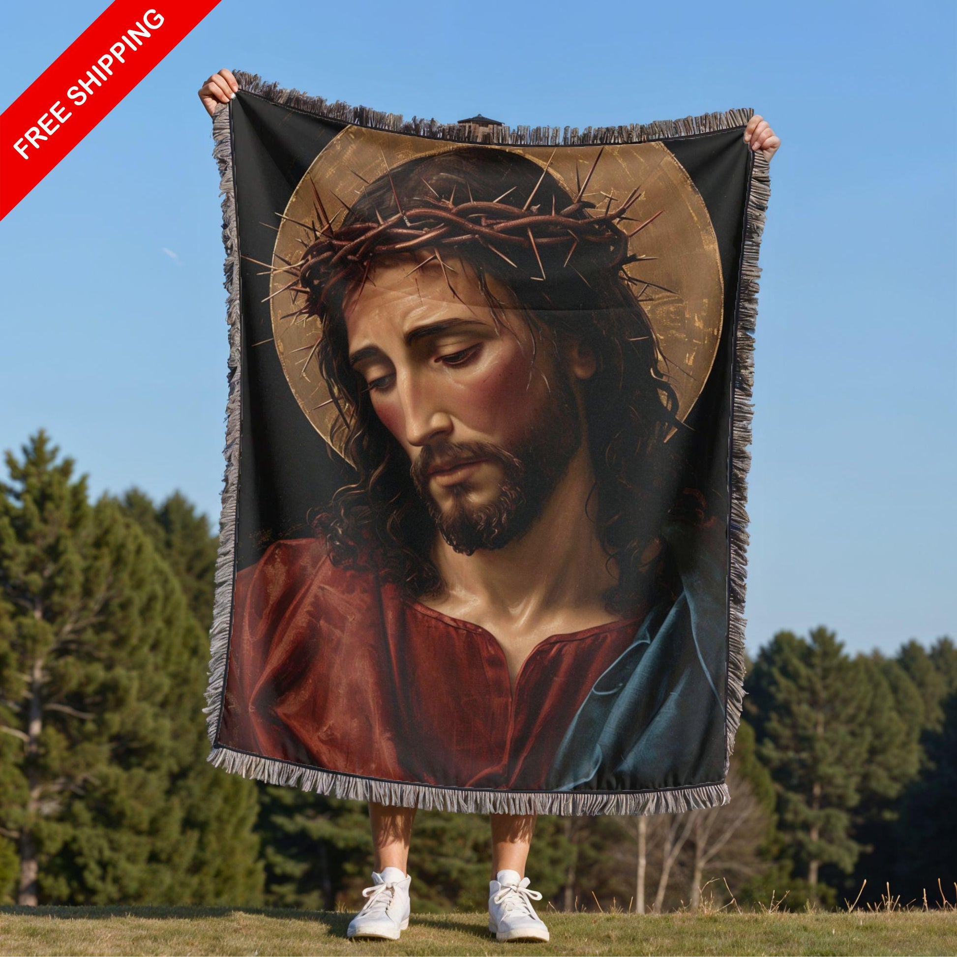 Jesus Woven Blanket - Christian Blanket, Pure Cotton Throw Blanket, Jesus and The Lamb Boho Blanket, Beach Blanket, Living Room Blanket