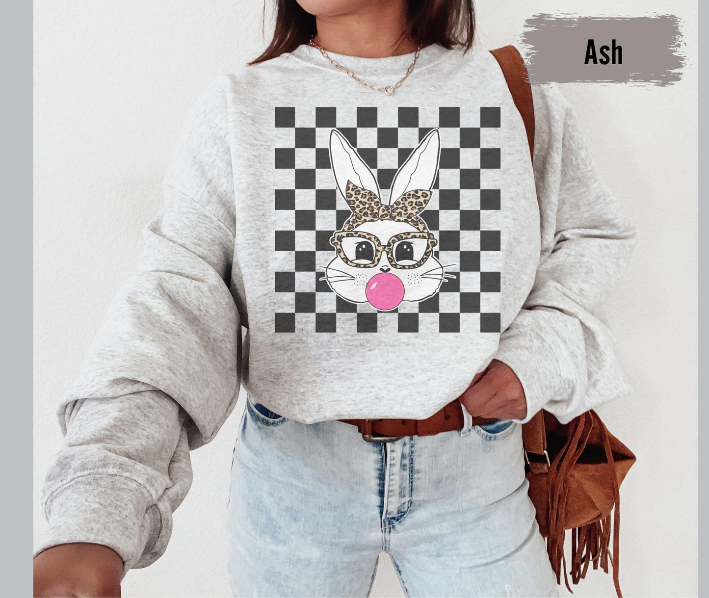 Easter Bunny Bubblegum Checker Board Sweatshirt | Easter Shirt | Easter Bunny Glasses Sweatshirt | Cute Easter Gift | Fun Easter