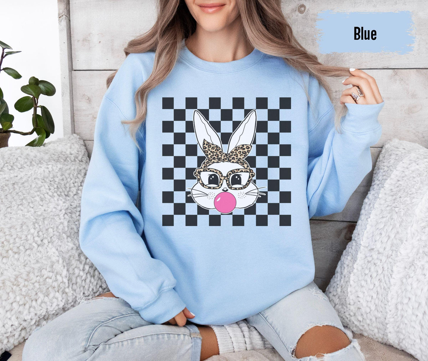 Easter Bunny Bubblegum Checker Board Sweatshirt | Easter Shirt | Easter Bunny Glasses Sweatshirt | Cute Easter Gift | Fun Easter